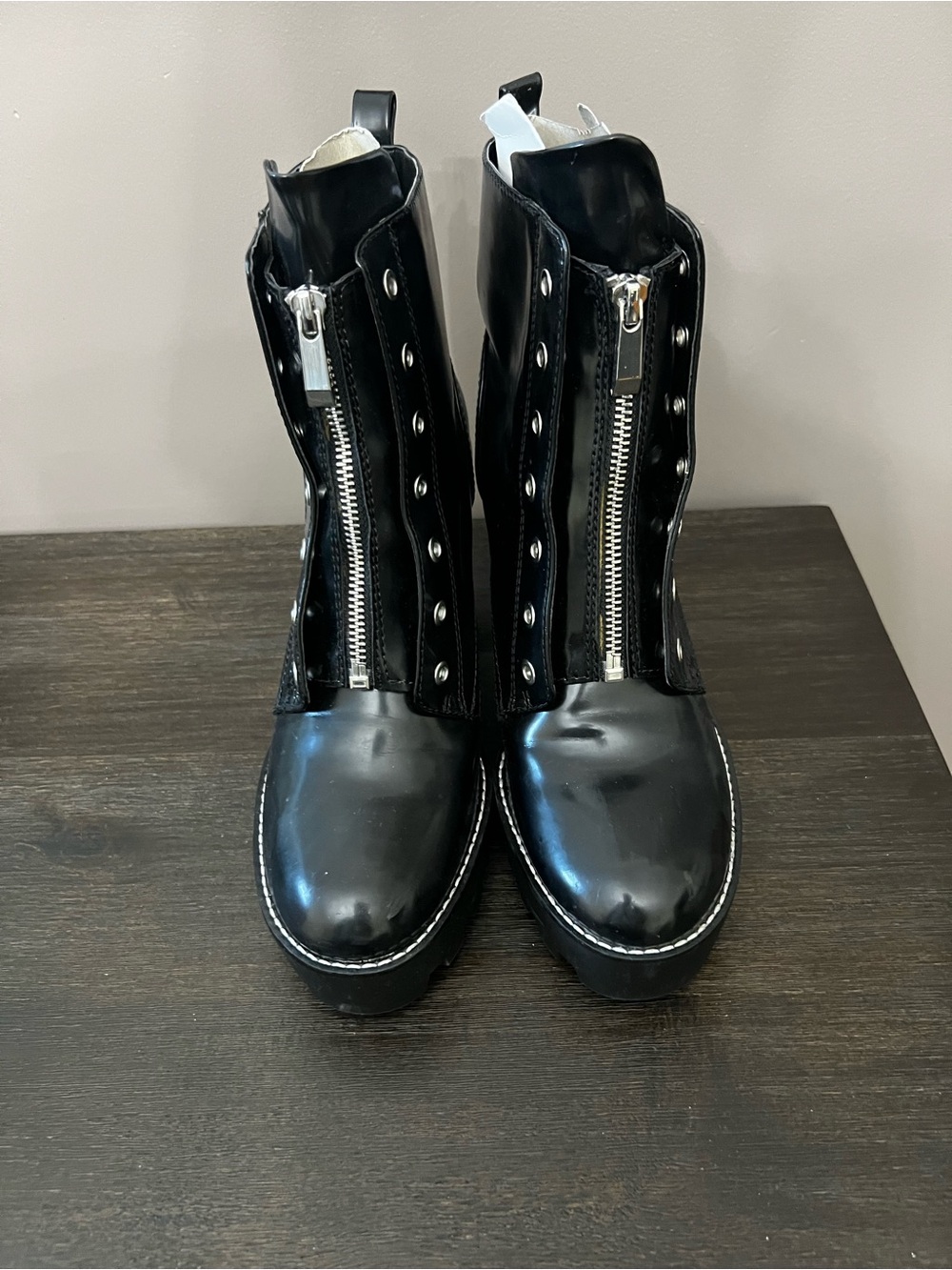 Zara Black Patent Platform Front-Zip Ankle Boots EU 41/ US 10